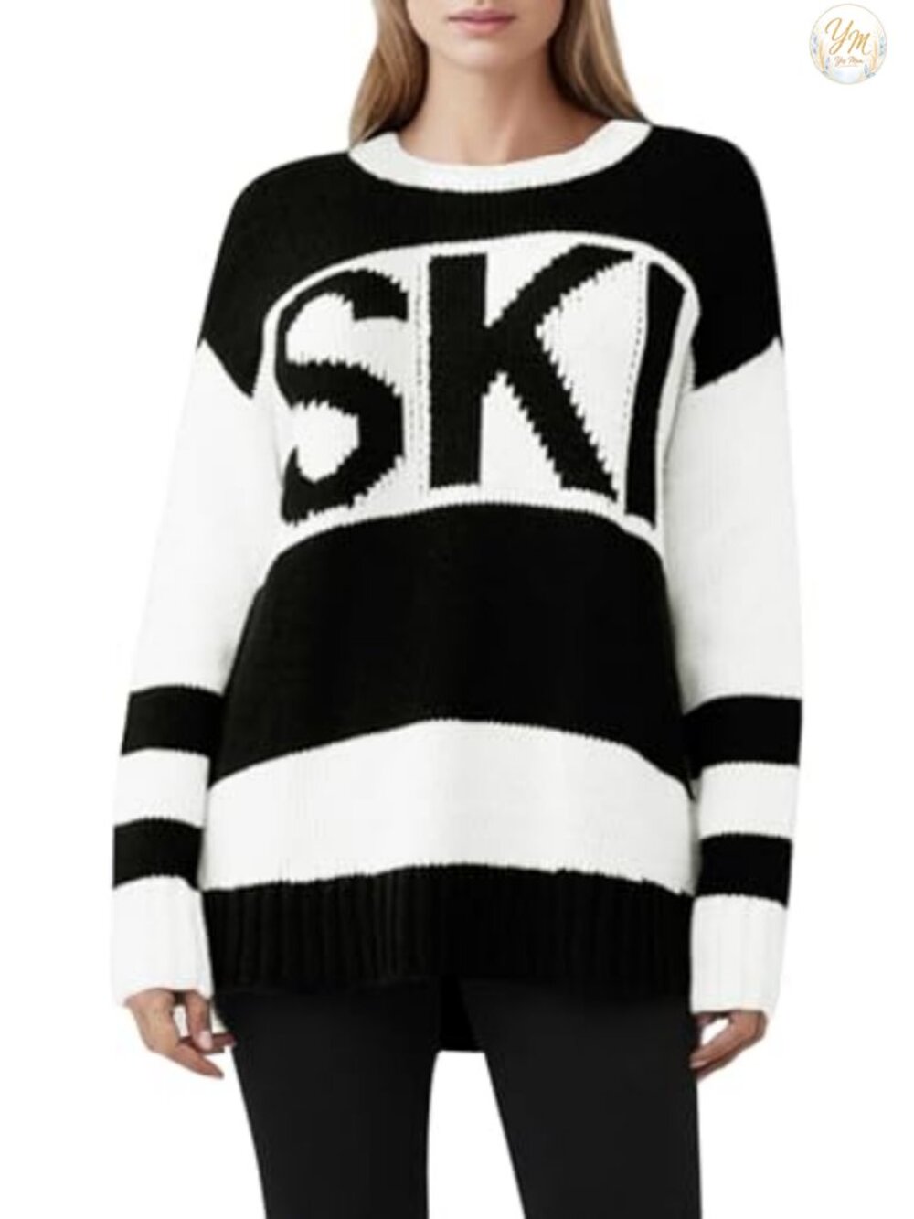 Oversized Color Block Stripe Ski Sweater Crew Neck Long Sleeve Pullover